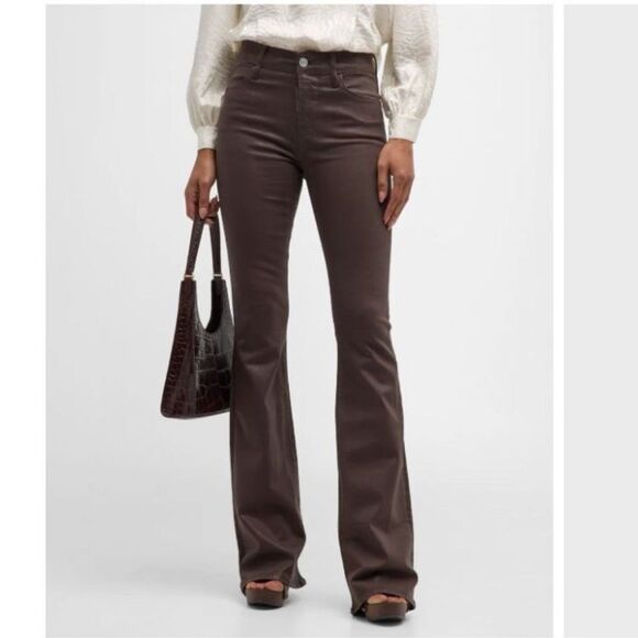 NWT FRAME Le Flare 70s High-rise Flare Jeans in coated denim Espresso Brown 33